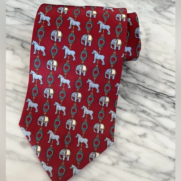 Faberge Mens Silk Tie Elephants Horses Palm Trees Burgundy Blue New